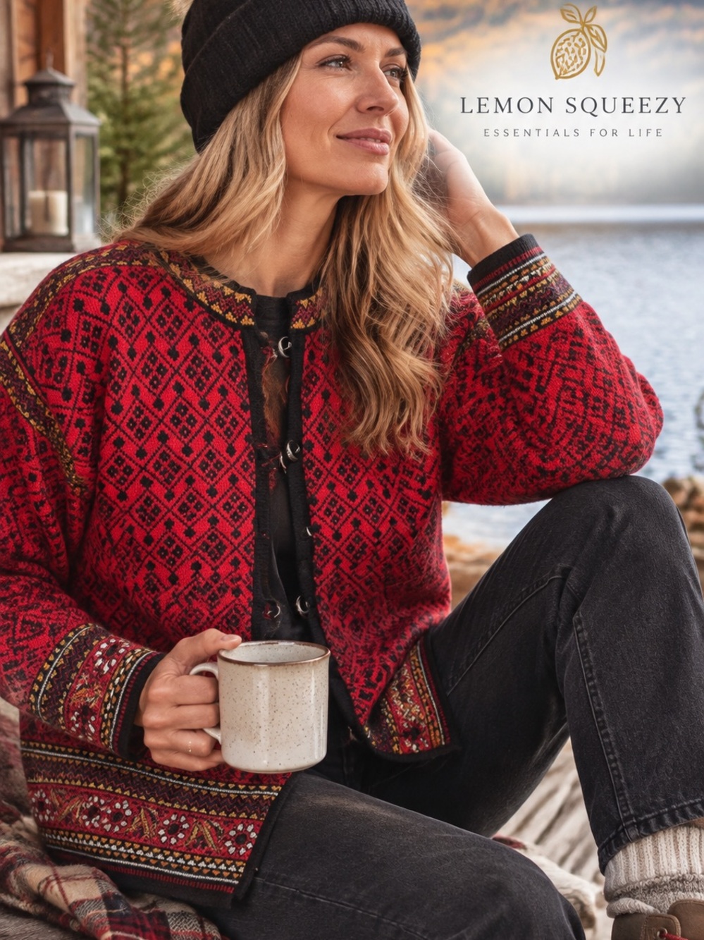 Dale of Norway Red and Black Fair Isle Cardigan, pewter button, Sz S, wool,